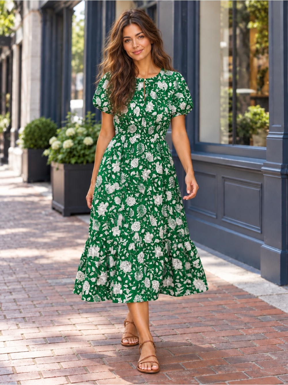 J. Crew Green Floral Puff Sleeve Midi Dress Size 4